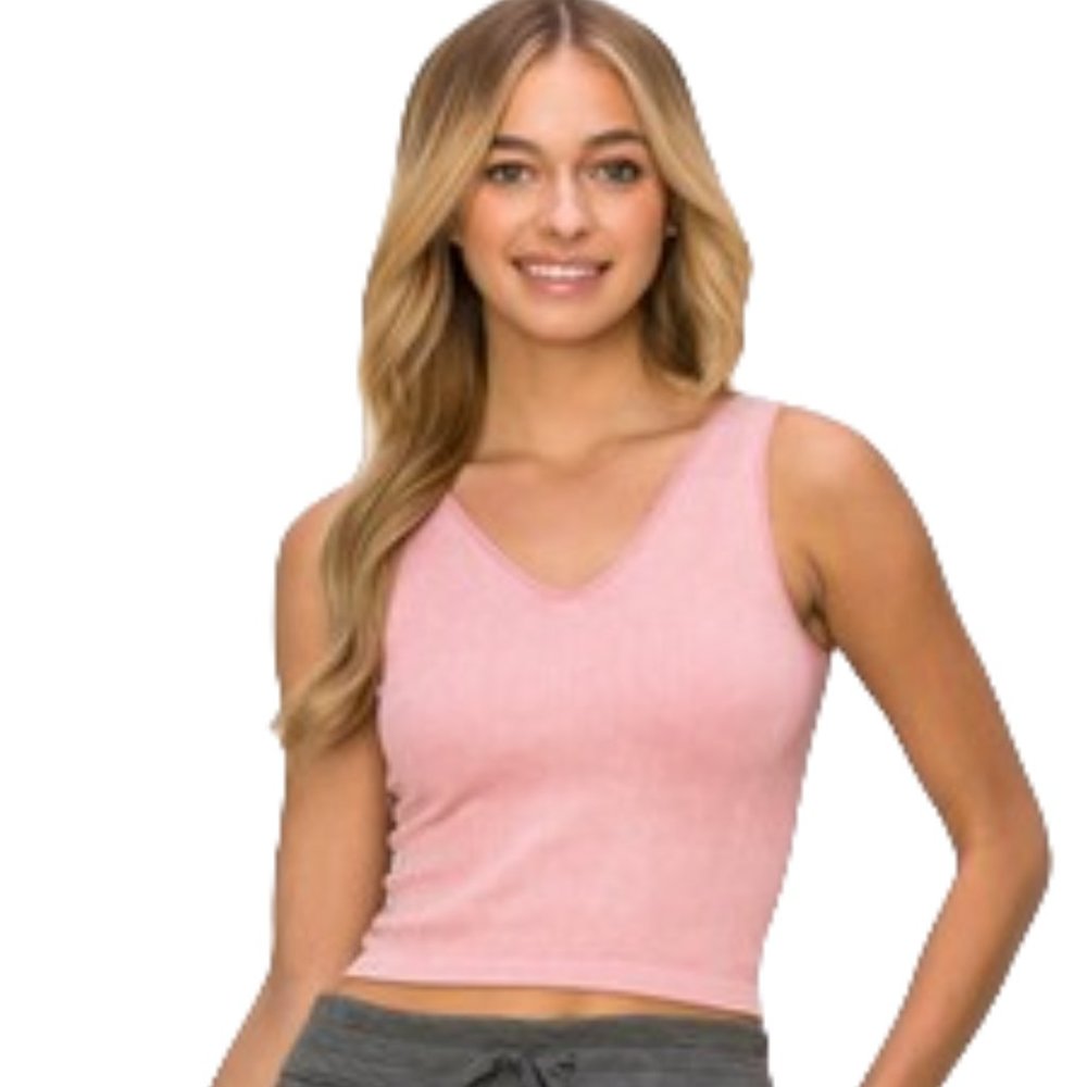 Fitted seamless, sleeveless reversible stone washed ribbed tank-Dusty Rose